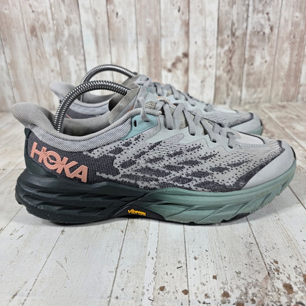 Hoka Speedgoat 5 Womens 9.5B Trail Running Shoes Gray Green Vibram Sneakers